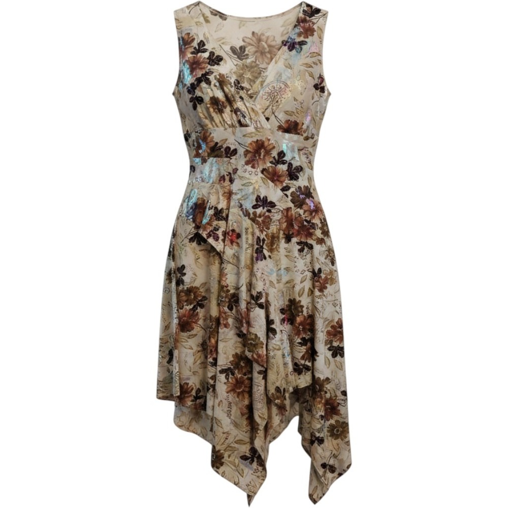 Rocrise Floral Metallic Foil Handkerchief Hem Surplice Dress XL Multi-Color